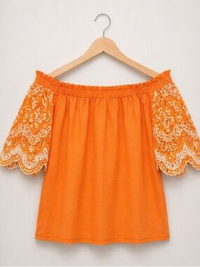 Orange White Embroidered Crochet Tunic Blouse Off-Shoulder Bell 3/4 Sleeve M